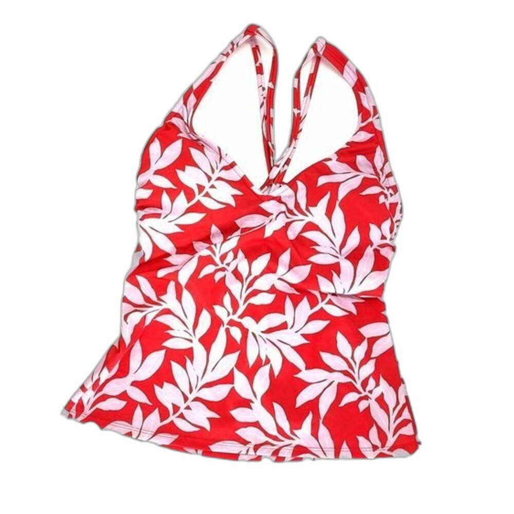 Floral Halter Tankini Swim Top Red & White by Aqua Tech Bathing Suit Top - Small
